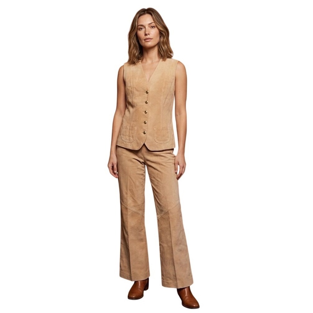 Breier of Amsterdam Suede Vest Pant Set Western Tan V-Neck Gold Button M VTG USA